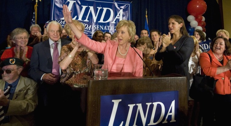 Republican candidate for U.S. Senate Linda McMahon celebrates her in win in the Connecticut primary over Chris Shays in Stamford, Conn., Tuesday, Aug. 14, 2012.