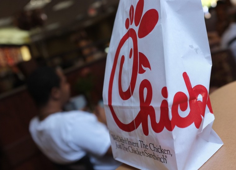 A Chick-fil-A logo is seen on a take out bag at one of its restaurants on July 28, 2012 in Bethesda, Maryland. Chick-fil-A, with more than 1,600 outlets mainly in the southern United States, has become the target of gay rights activists and their...
