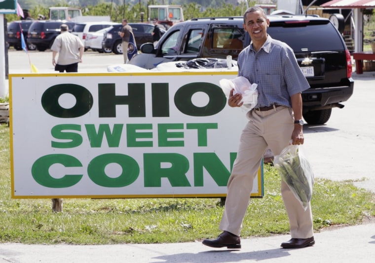 President Obama leaves Bergman Orchards Farm with his purchases in Port Clinton, Ohio, July 5.