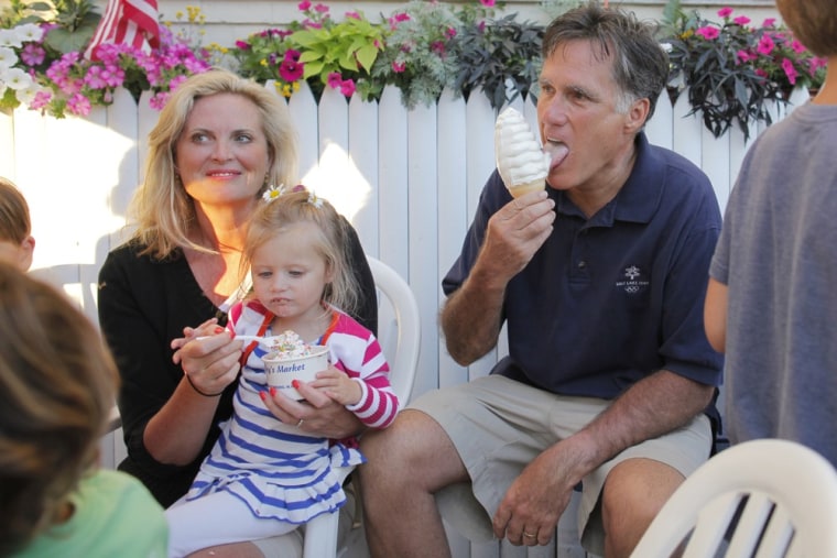 Mitt Romney and his wife Ann have Bailey's Bubble ice cream in Wolfeboro, N.H., Monday, July 2, 2012, with family as they continue their vacation from the campaign trail.