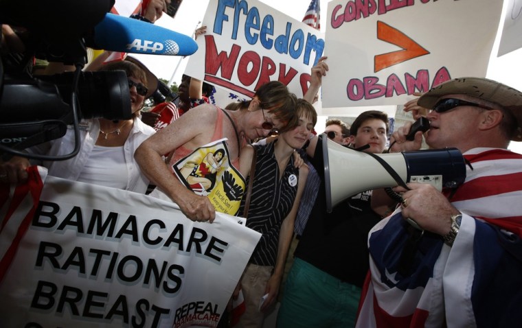 Protesters against President Barack Obama's 2010 healthcare overhaul react outside the Supreme Court in Washington June 28, 2012.