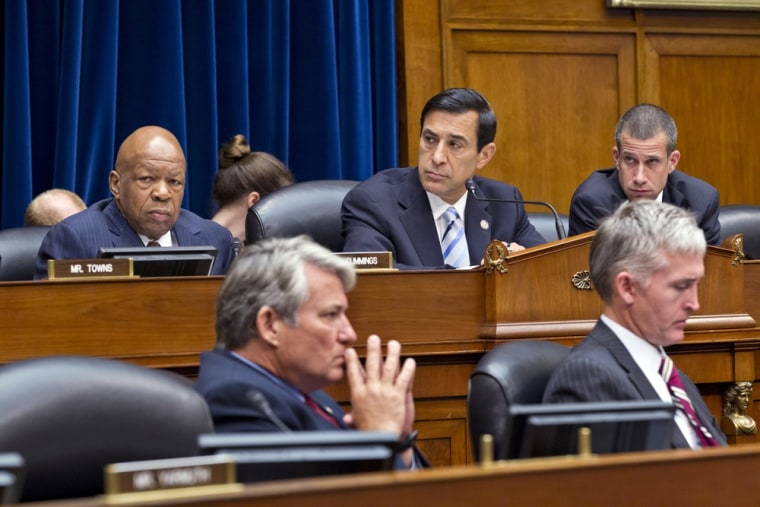 The House Oversight and Government Reform Committee, led by Chairman Darrell Issa, R-Calif., center, considers whether to hold Attorney General Eric Holder in contempt of Congress, on Capitol Hill in Washington, June 20.