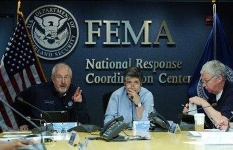 FEMA Administrator Craig Fugate, Department of Homeland Security Secretary Janet Napolitano, and FEMA Deputy Administrator Rich Serino