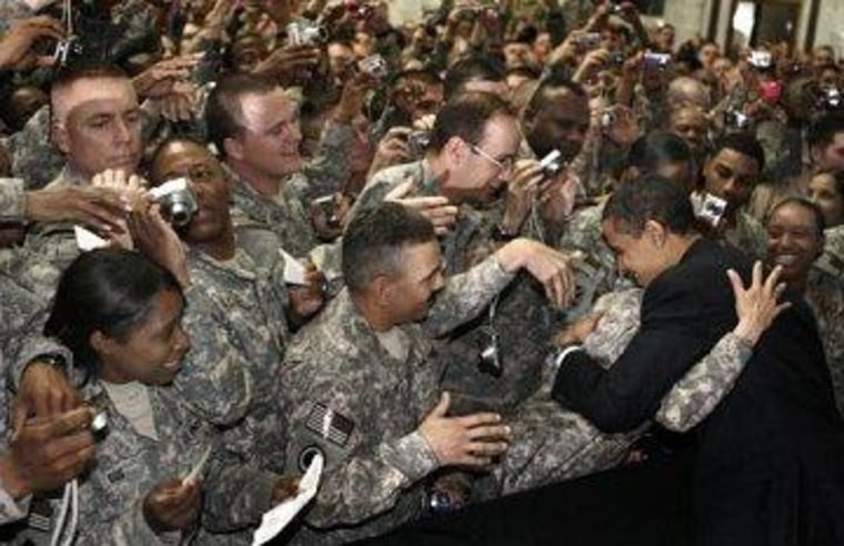 President Obama greets troops at Camp Victory in Baghdad.