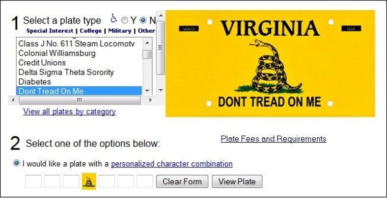 Virginia license plates challenge, now with Gadsden flag