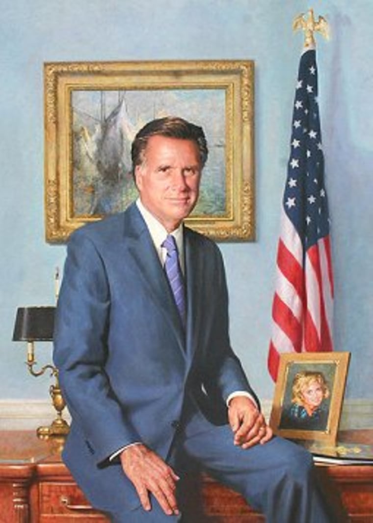 In his official portrait, Romney sits alongside his health care law, which he doesn't want to talk about.