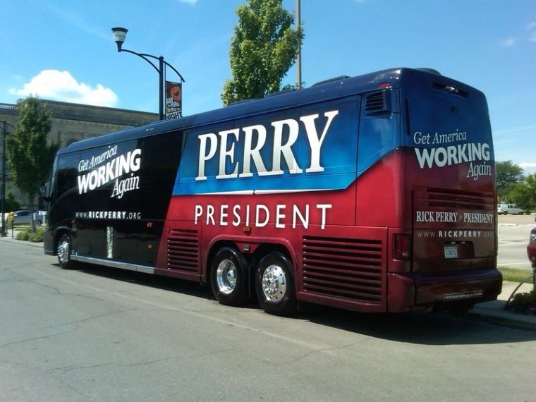 Rick Perry's newly unveiled \"Get America Working Again\" bus.