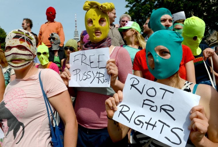 Supporters of Russian band \"Pussy Riot\" participate in a demonstration of solidarity on August 17, 2012 in Hamburg, northern Germany.