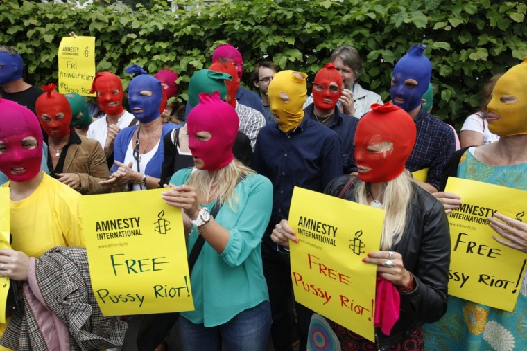 Amnesty International protestors demonstrate against the verdict of the Russian court against punk band Pussy Riot, outside the Russian embassy in Oslo, Friday, Aug. 17, 2012.