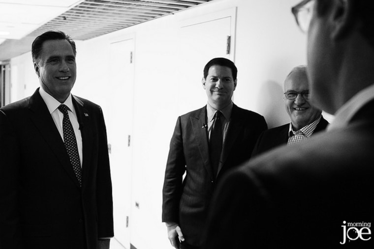 Dec. 20, 2011: Mitt Romney talks with Joe Scarborough, Mark Halperin and Mike Barnicle in the msnbc hallway at 30 Rock.