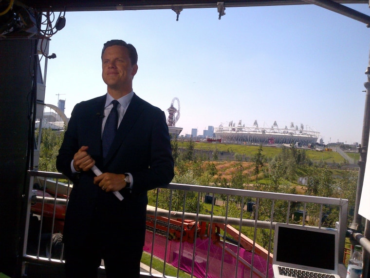Willie Geist at the International Broadcast Center in London. WTE set looks across to the Olympic Stadium.