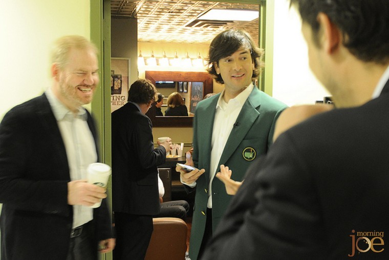 Comedian Jim Gaffigan (l.) and Bubba Watson (r.) in the msnbc hallway at 30 Rock.