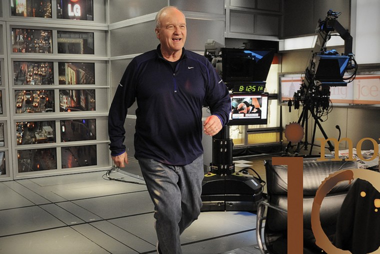 Mike Barnicle, with not a care in the world, blithely jogs back to his seat on the set of Morning Joe. Others may frown on Barnicle's fashion sense, but he's not breaking a sweat about it.