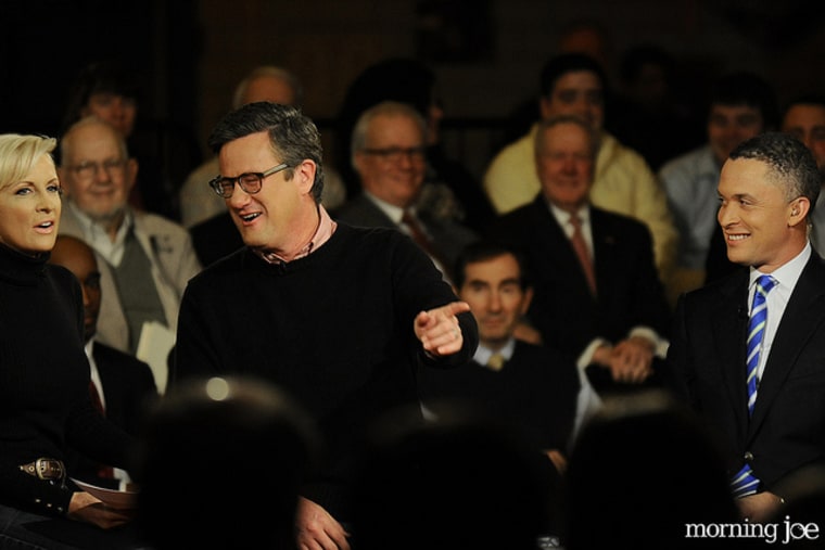 Mika Brzezinski, Joe Scarborough and Harold Ford Jr. at the Morning Joe education town hall at Fort Lee High School in Fort Lee, New Jersey.