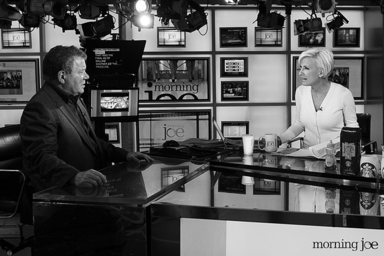 Actor William Shatner talks with Mika Brzezinski on the set of Morning Joe