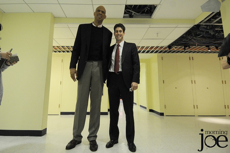 NBA Hall of Famer Kareem Abdul-Jabbar and Morning Joe's Louis Burgdorf in the msnbc hallway.