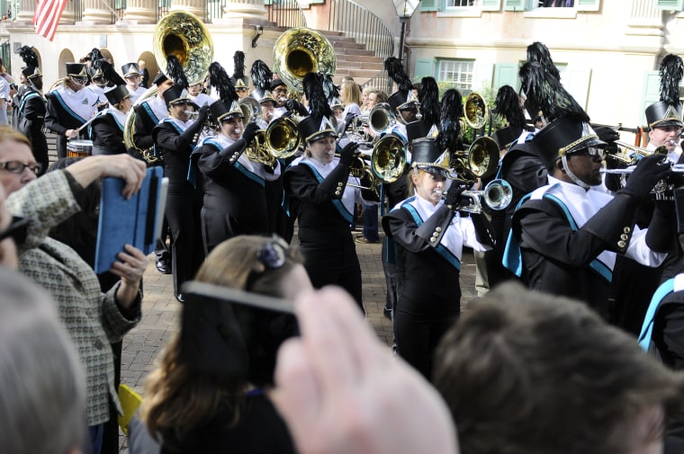 Marching band led the way with their rendition of \"Party Rock Anthem\"