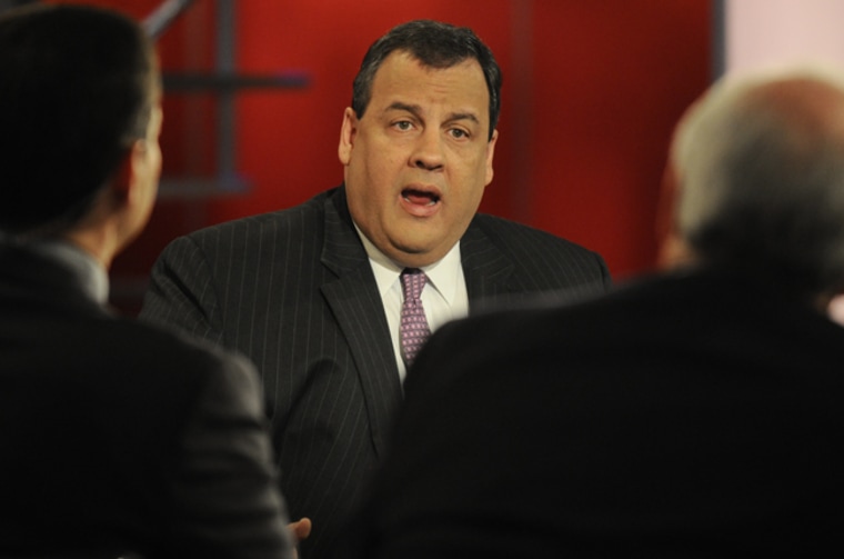 Gov. Chris Christie, R-N.J.,talks with Time's Mark Halperin and Mike Barnicle on the set of Morning Joe.