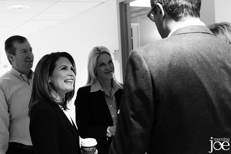 Rep. Michele Bachmann talks with Joe Scarborough and Mika Brzezinski in the msnbc hallway.
