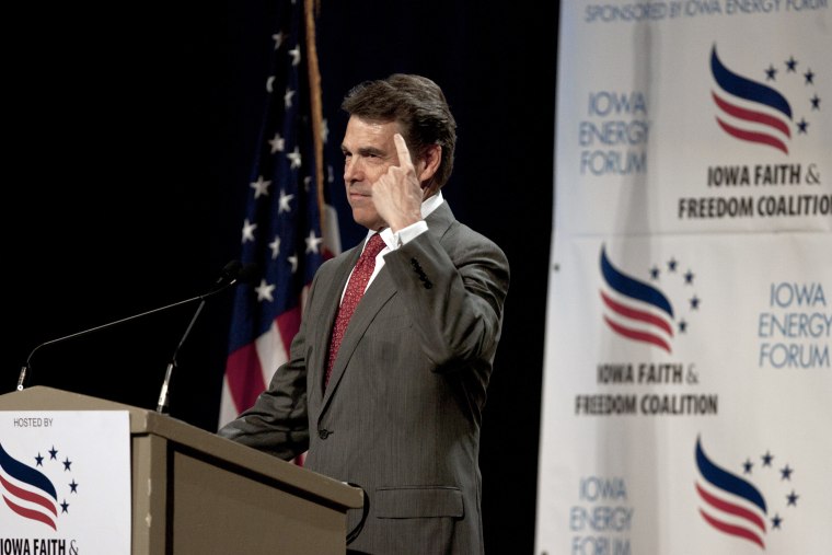Republican presidential candidate Texas Gov. Rick Perry, speaks at the Iowa Faith and Freedom Coalition presidential candidate forum, in Des Moines, Iowa, Saturday, Oct. 22, 2011.