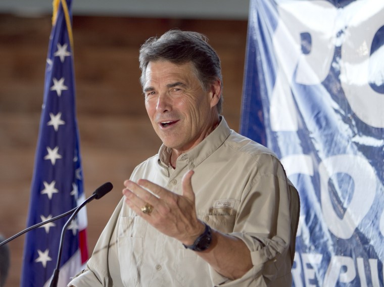 Republican presidential contender, Texas Gov. Rick Perry, speaks at the Polk County GOP summer picnic event held at the Iowa State Fairgrounds in Des Moines, Iowa on Saturday, Aug. 27, 2011.