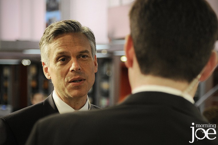 Former Utah governor and GOP presidential candidate Jon Huntsman talks with Time's Mark Halperin on the set of Morning Joe a day after kicking off his campaign at Liberty State Park in Jersey City, New Jersey.