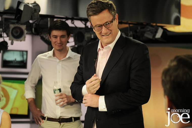Joey Scarborough (l.) and dad Joe Scarborough on the set of Morning Joe