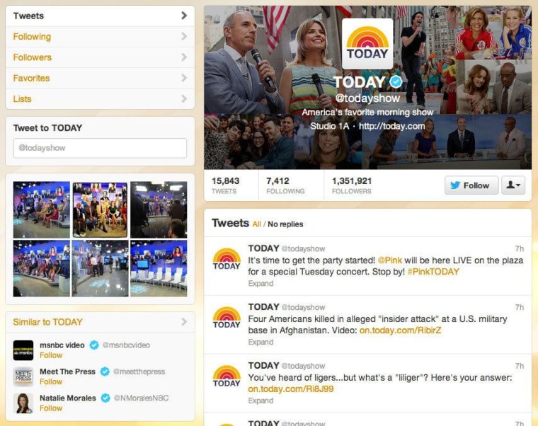 The all-new TODAY Twitter profile page, complete with header image, centered avatar and more prominent photo stream.