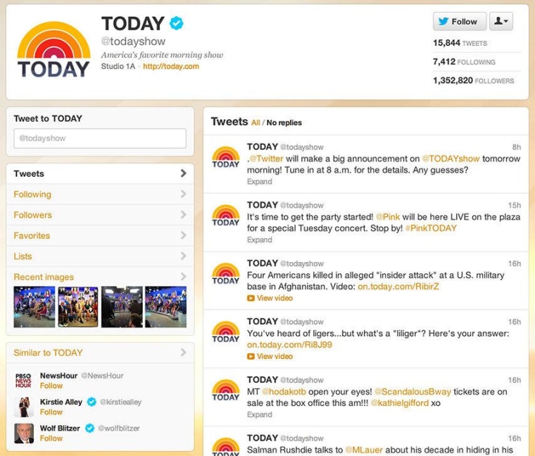The old TODAY Twitter profile page, with the avatar to the far left, and a not-so-obvious photo stream.
