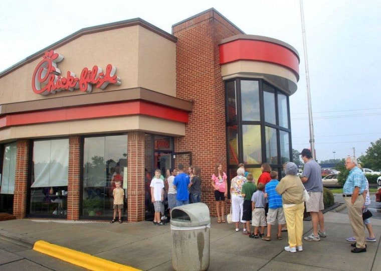 Customers line up outside the Chick-fil-A Restaurant in New Bern, N.C, Aug. 1st