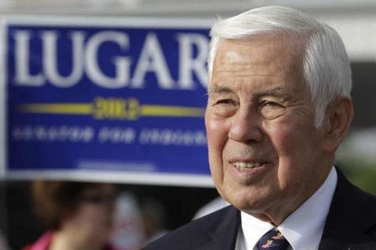 Sen. Richard Lugar meeting with voters outside of a polling location in Greenwood, Indiana on Tuesday.