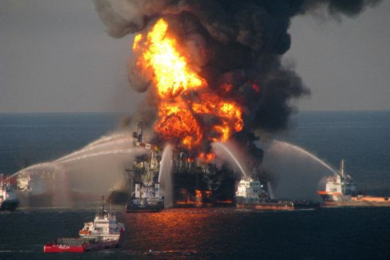 Response crews battling the blazing remnants of the off shore oil rig Deepwater Horizon in the Gulf of Mexico on April 21, 2010 near New Orleans, Louisiana.