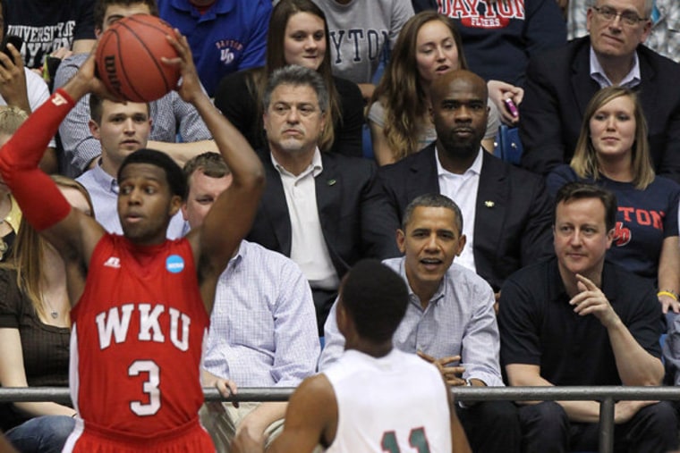 President Barack Obama and British Prime Minister David Cameron at a March Madness game in Dayton, Ohio on Tuesday.