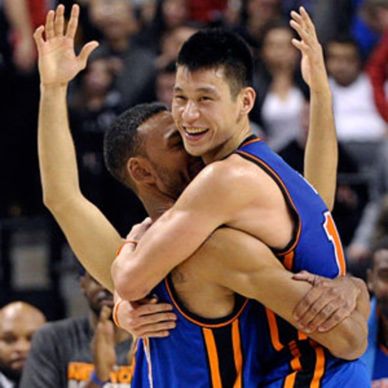 New York Knicks guard Jeremy Lin and Jared Jeffries celebrating their win against the Toronto Raptors on Tuesday.