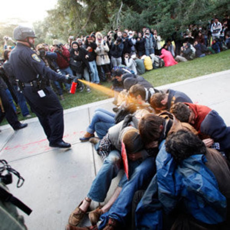 U.C. Davis Police Lt. John Pike using pepper spray on Occupy protesters while in Davis, California on Friday.