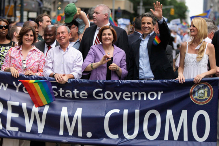 New York City Mayor Michael Bloomberg, City Council Speaker Christine C. Quinn, New York Governor Andrew Cuomo and Sandra Lee marching in New York on Sunday.
