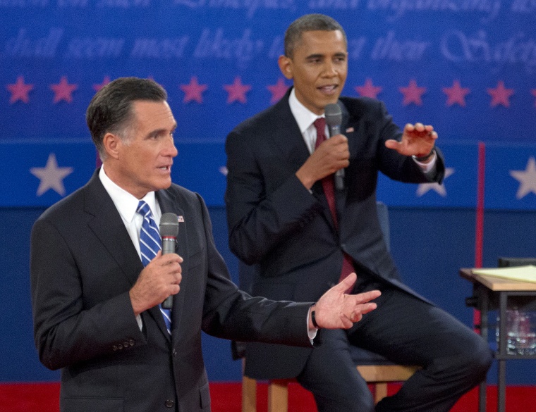 President Barack Obama, right, and Republican presidential candidate, former Massachusetts Gov. Mitt Romney, participate in the presidential debate, Tuesday, Oct. 16, 2012, at Hofstra University in Hempstead, N.Y. (AP Photo/Carolyn Kaster)