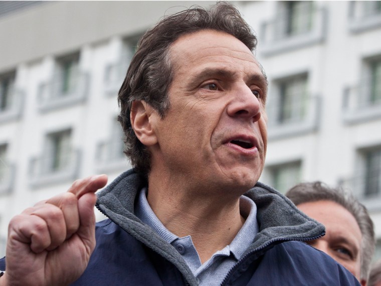 New York Governor Andrew Cuomo speaks to members of the media about recovering efforts after Hurricane Sandy. (Photo by Andrew Burton/Getty Images)