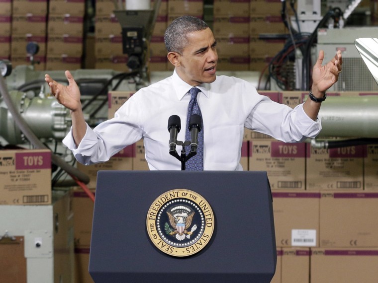 President Barack Obama gestures as he speaks at The Rodon Group manufacturing facility, Friday, Nov. 30, 2012, in Hatfield, Pa. Obama spoke at the toy company about how middle class Americans would see their taxes go up if Congress fails to act to...