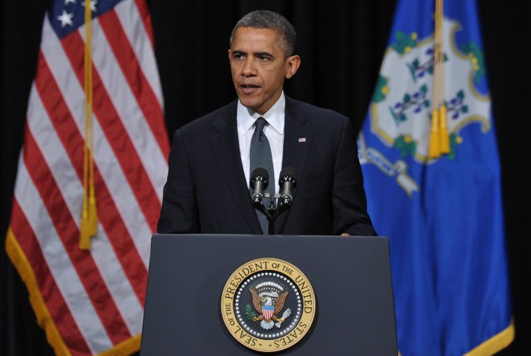 US President Barack Obama speaks at a memorial service for the victims of the Sandy Hook Elementary School shooting on December 16, 2012 in Newtown, Connecticut. Obama will address the memorial for the twenty-six people, 20 of them children, who were...