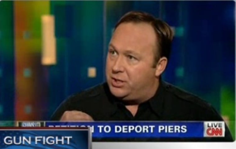 Screenshot of radio host and gun advocate Alex Jones talking to CNN's Piers Morgan on Monday.