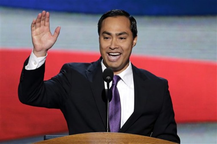 Joaquin Castro, San Antonio Mayor Julian Castro's brother introduces him to the Democratic National Convention in Charlotte, N.C., on Tuesday, Sept. 4, 2012. (AP Photo/J. Scott Applewhite)