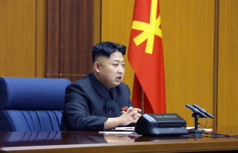 In this undated photo released by the Korean Central News Agency and distributed Sunday, Feb. 3, 2013 in Tokyo by the Korea News Service, North Korean leader Kim Jong Un attends an enlarged meeting of the Central Military Commission of the Workers'...