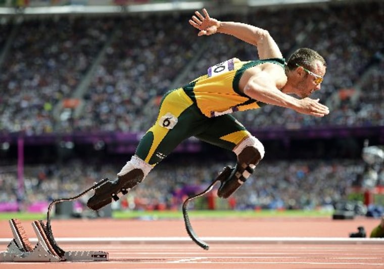 South Africa's Oscar Pistorius starts his men's 400m round 1 heats at the London 2012 Olympic Games at the Olympic Stadium in this August 4, 2012 file photo. South African paralympic star Oscar Pistorius is being questioned by South African police for...