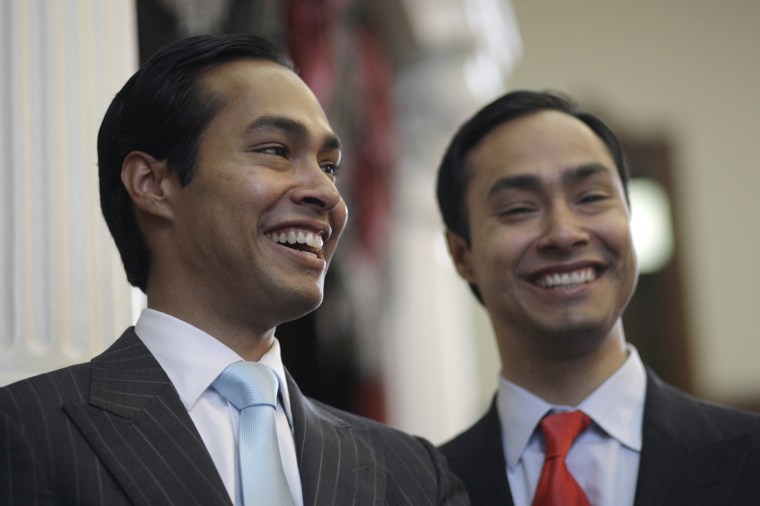 Julian Castro, left, mayor-elect of San Antonio, pauses during a visit with his brother, Rep. Joaquin Castro, D-San Antonio, right, in the Texas House of Representatives Wednesday, May 27, 2009, in Austin, Texas.  (AP Photo/Harry Cabluck)