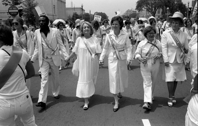 Leading supporters of the Equal Rights Amendment march in Washington on Sunday, July 9, 1978, urging Congress to extend the time for ratification of the ERA.  From left: Gloria Steinem, Dick Gregory, Betty Friedan, Rep. Elizabeth Holtzman, D-N.Y., Rep....