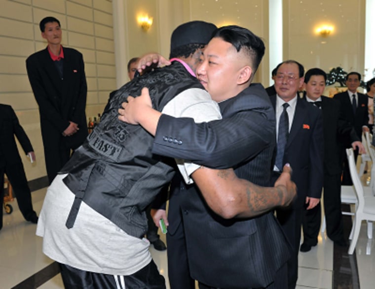 North Korean leader Kim Jong-Un and former NBA basketball player Dennis Rodman hug in Pyongyang in this undated picture released by North Korea's KCNA news agency on March 1, 2013. (Photo by Reuters/KCNA)