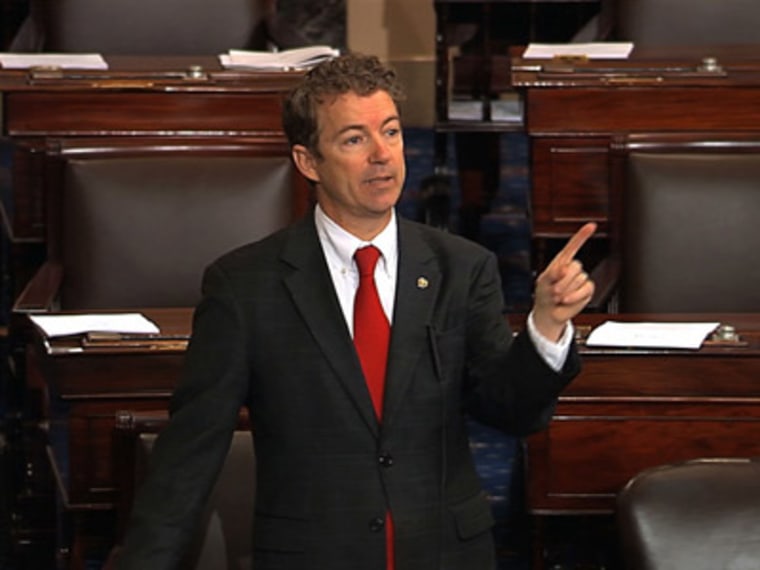 Sen. Rand Paul filibustering on the Senate floor Thursday in Washington, D.C. (Senate Television/AP Photo)