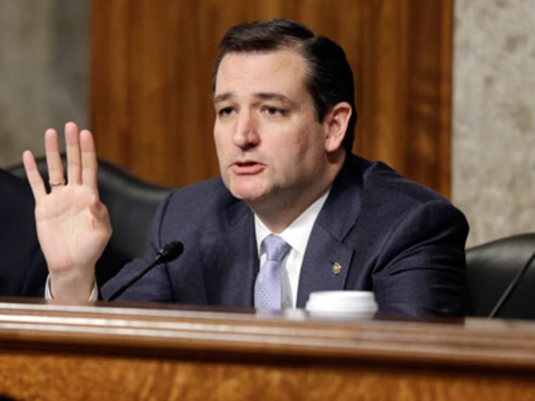 Sen. Ted Cruz questions Chuck Hagel, a former two-term senator and President Obama's choice to be defense secretary, during his confirmation hearing at the Senate Armed Services Committee on Capitol Hill in Washington on  Jan. 31, 2013. (Photo by J....