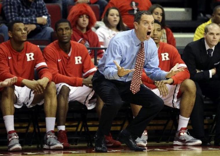 File photo: Rutgers head coach Mike Rice reacts to a call during the first half of an NCAA college basketball game against Seton Hall Tuesday, Feb. 12, 2013, in Piscataway, N.J. (AP Photo/Mel Evans)